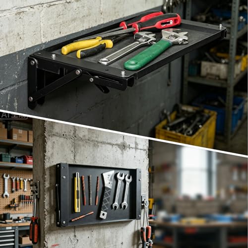 Wall-Mounted Folding Metal Workbench with Magnetic Tool Tray, Heavy-Duty Fold-Down Work Table for Garage, Workshop, Toolbox & Storage Systems, Space-Saving Steel Work Surface