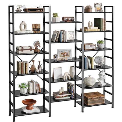 SUPERJARE Triple Bookshelf, Bookcase with 17 Open Display Shelves, Wide Book Shelf Book Case for Home & Office, 6 Tier, Black, ABC003B - color: Black, size: 6 Tier