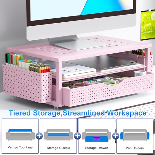 gianotter Desk Organizers and Accessories, Monitor Stand with Drawer and 2 Pen Holder, Desktop Organizer Suitable for Offices and Dormitories (Pink) - color: Pink-Ventilated