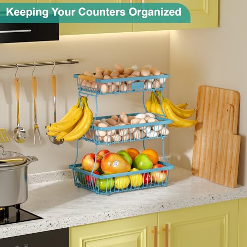 3 Tier Fruit Basket for Kitchen Counter with 2 Banana Hangers, Countertop Metal Fruit Bowl with Wooden Handle, Large Storage Stand for Vegetables, Snacks, Breads, Produce Storage – Blue - color: Blue, size: 3 Tier
