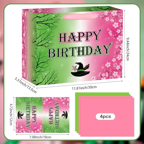Hooqict Large Pink and Green Gift Bag Witch Birthday Gift Wrap Bag with Handles, Tissue Paper, Greeting Cards for Girls Friendship Princess Witch Party Favors Movie Theme Birthday Party Supplies - color: Pink and Green