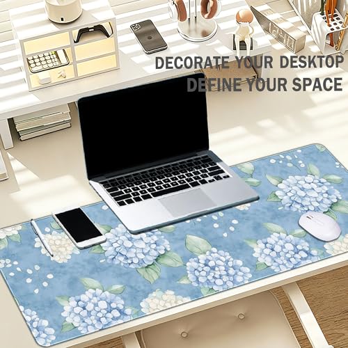 Blue Hydrangea Large Mouse Pad, Flroal Blue and White Desk Mat, Spring Summer Decor Mouse Pad for Desk Large Long White Hydrangea Extra Large Desk Pad Decorative for Office Women 31.5x11.8 - color: Hydrangea Blue and White, size: 31.5L x 11.8W inches