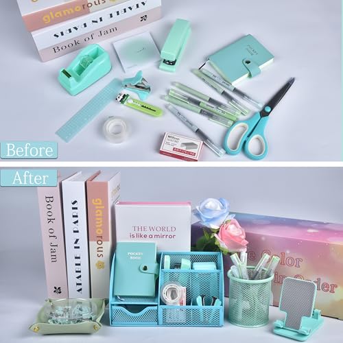 Green and Blue Desk Accessories, 26Pcs Office Supplies and Desk Organizers, with Tape Dispenser, Stapler, Staple Remover, Ect, Gift Box Packaging - color: Green+blue