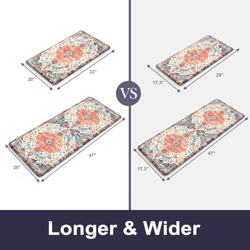 KIMODE Anti Fatigue Kitchen Mats, Boho Vintage Kitchen Rugs - Sets of 2, Cushioned Non Slip Comfort Rugs for Kitchen Floor, Sink, Laundry, Desk - Orange/Purple 20"x47"+20"x32" - color: Orange/Blue/Multi, size: 20" x 47"+20" x 32"--0.47 inches
