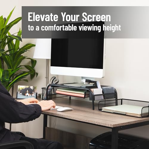 Mind Reader Monitor Stand, Ventilated Laptop Riser, Paper Tray, Storage, Office, Metal Mesh, 20"L x 11.5"W x 5.5"H, Black - color: Black