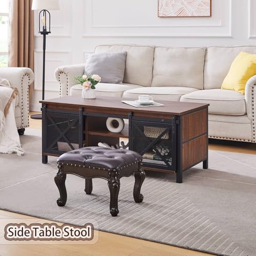 Foot Stools Ottoman, Leather Footstool for Living Room, Solid Wooden Small Vintage Ottoman Foot Rest,Shoe Change Bench (Black Brown) - color: Black Brown