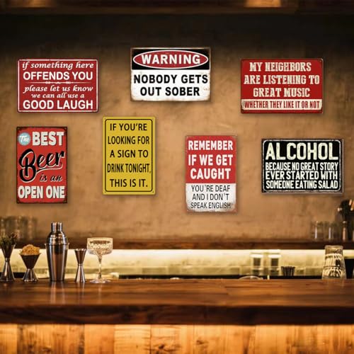 Funny Bar Signs for Home Bar Wall Decor - 7 Piece Set Vintage Garage Metal Signs, Man Cave Decor for Men, Personalized Basement Bar Accessories & Outdoor Decorations (8×12 Inch) - Housewarming Gifts - color: BarSign