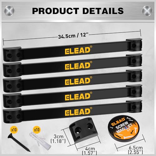 ELEAD 6-Piece 12" Magnetic Tool Holder Storage Organizer - Wall Mount Rack Garage Organization Power Magnet Hanger Workbench Board Slatwall Van Organizers Mounted Hanging Strip - color: Magnetic 12-Inch (6-Piece) Black