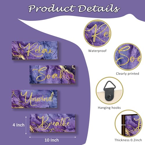 ONIZHITY 4 Pcs Purple and Gold Bathroom Decor Purple Gold Wall Decor Relax Soak Unwind Breathe Wooden Rustic Marble Style Bathroom Accessories for Bedroom Living Room Decor (10X4) - color: Purple Gold, size: 10 X 4 Inch
