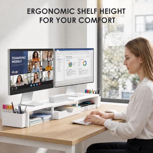 OPNICE Desk Organizers and Accessories, Dual Monitor Stand Riser with Drawer and 2 Pen Holders, Desk Shelf Metal Computer Racks for Office Workspace Organizers, Desktop Organization (White Metal) - color: White Metal