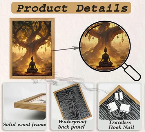 3Pcs Framed Buddha Under Bodhi Tree Canvas Wall Art,Zen Spiritual Wall Decor, Mystical Forest Lantern Poster for Living Room Bedroom Office - color: Black and gold, size: 16"L x 12"W