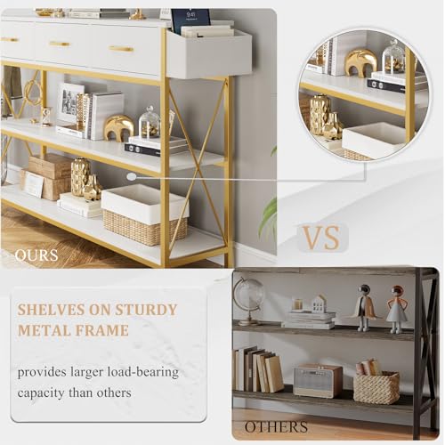 HITHOS Industrial Console Table with 2 Drawers, Narrow Long Entryway Table with 3-Tier Storage Shelves, Industrial Sofa Foyer Table for Living Room, Hallway, Entry Way, Foyer, Kitchen, White/Gold - size: 39.4"