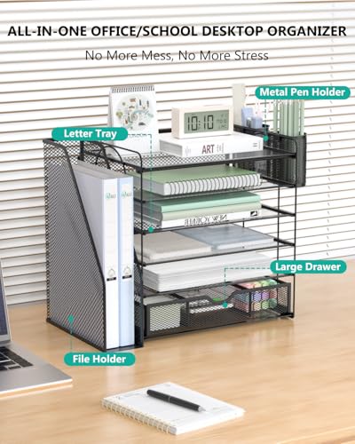 WALI Desk File Organizer, 6 Tier Desktop Paper Letter Tray Organizer with Drawer and 2 Pen Holders, Office Desk Accessories & Workspace Organizers for Office, Home Supplies(DO007DH-B), 1 Pack, Black - color: Black, size: 6 Tier