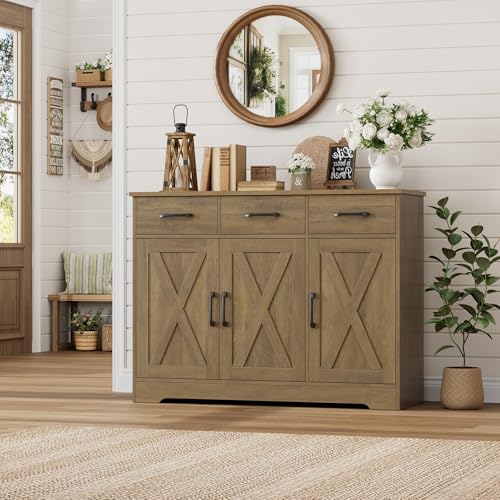HOSTACK Modern Farmhouse Buffet Sideboard Cabinet, Barn Doors Storage Cabinet with Drawers and Shelves, Wood Coffee Bar Station for Dining Room, Kitchen, Living Room, Rustic Brown - color: Rustic Brown