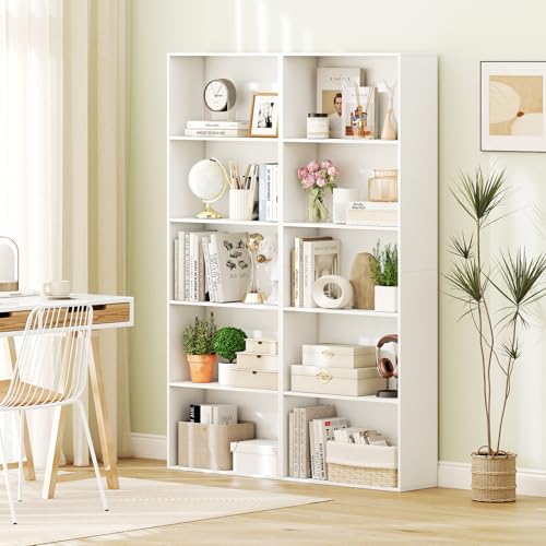 Giantex 5-Tier Bookshelves Set of 2, Freestanding Bookcase with 5 Open Shelf, Modern Display Shelf, Storage Organizer for Living Room Bedroom Home Office - color: White, size: 24" x 9.5" x 67" (2 Pack)
