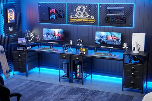 Furologee 60" Black Computer Desk with 4 Drawers and Printer Space, Gaming Desk with LED Lights and USB Power Outlets, Home Office Desk with Fabric File Cabinet,Study Work Table with Shelf for Bedroom - color: Black