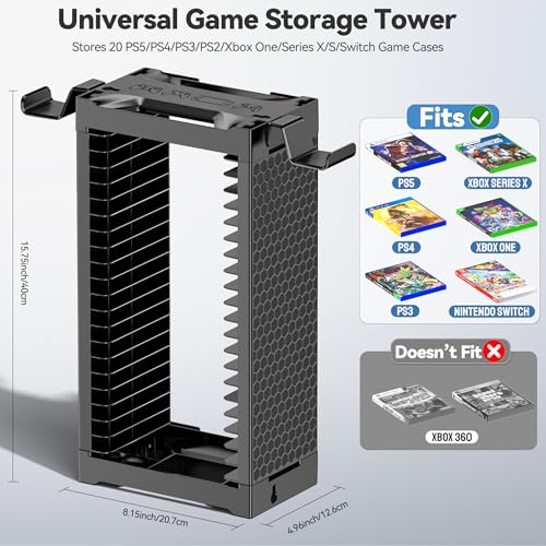 Video Game Storage Tower Holder with Controller Stand, Wall Mount Game Organizers and Storage for Nintendo Switch 2/ PS5/4/ XboxOne/Series, Vertical & Horizontal Stand for 20 Gaming Discs Accessories - size: 1-Tier