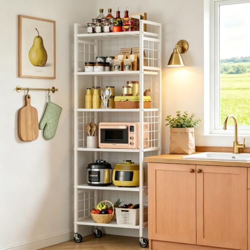 GIOTORENT 6-Wire Standing Storage Shelf with Wheels, Mobile Metal Shelving Unit for Bathroom Organizers & Laundry Room, Kitchen Pantry Rack, Heavy Duty Utility Shelf, White - color: White, size: 12.7D x 16.9W x 66.5H (6Tier-with-wheel)