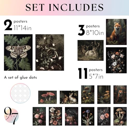97 Decor 16 Pcs Dark Cottagecore Decor - Large Cottage Core Wall Art, Moody Woodland Forest Decorations Mushroom Posters For Room Aesthetic Pictures, Vintage Nature Prints For Home Bedroom (Unframed) - color: Cottagecore Corner, size: UNFRAMED