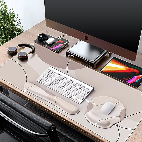iCasso Large Gaming Mouse Pad Wrist Support Set, Desk Mat, 4in1 XXL Mousepad + Keyboard Wrist Rest+Mouse Wrist Rest+Coaster Set with Ergonomic Design for Home Office Table Computer-Brown Art - color: Brown Art