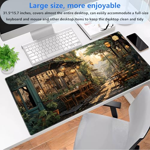 Extended Gaming Mouse Pad XL, Anime Street Desk Pad Mat 31.5x15.7, Non-Slip | Beautiful large desk pad with a cozy anime cafe street scene print. Ideal for healing visual desk setups. - color: Anime Street Scene
