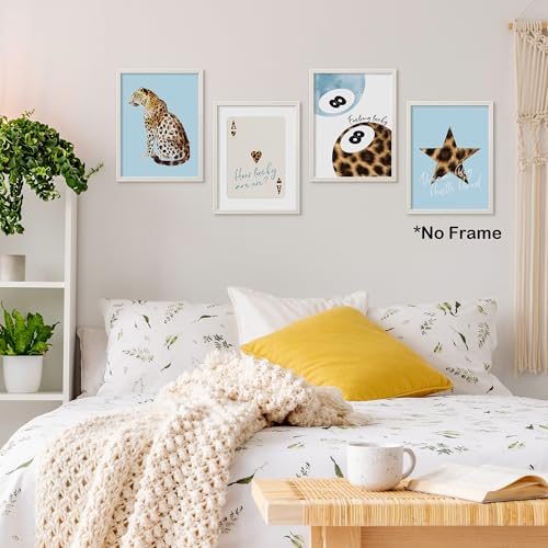TLESKE Blue Preppy Cheetah Leopard Posters Prints Unframed 12x16 Set of 4, Dark Blue Trendy Lucky 8 Balls Wall Art Prints Decor for Teen Girls Dorm Bedroom, Retro Cheetah Print Wall Pictures - color: blue cheetah, size: 16L" x 12W"