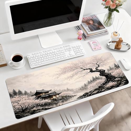 Gaming Desk Mat with Silky Smooth Surface & Exquisite Patterns,31.5x11.8 Inches Large-Sized Mouse Pad, Perfect for Extended Gaming,Work,and Home Office Decor (Japanese Ink Painting 2) - color: Japanese Ink Painting 2