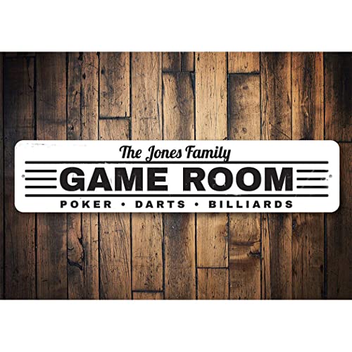 Game Room Sign, Family Name Sign, Custom Poker Darts Billiards Sign, Man Cave Aluminum Decor - 3" x 13" - size: 0) 3 x 13 Inches