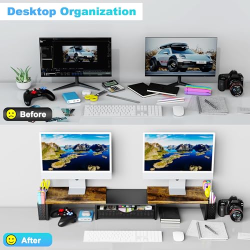 Spacrea Metal Desk Organizers and Accessories, Dual Monitor Stand Riser with Drawer and 2 Pen Holders, Desk Accessories & Workspace Desktop Organizers for Office Supplies (Wood) - color: Wood