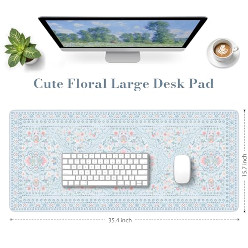 HAOCOO Floral Desk Mat for Keyboard and Mouse, Large Laptop Mouse Pad, Waterproof Makeup Mat, Cute Desktop Mat for Home, Deskpad for Office, Desk Mat for Dorm(Blue) - color: Pastel Blue, size: 35.4" x 15.7"