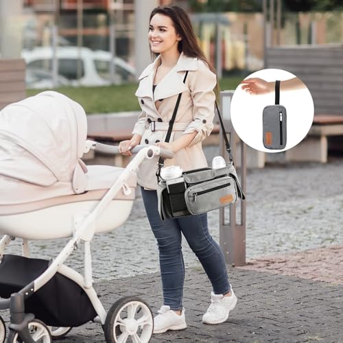 Momcozy Universal Stroller Organizer with Insulated Cup Holder Detachable Phone Bag & Shoulder Strap, Fits for Stroller Like Uppababy, Baby Jogger, Britax, BOB, Umbrella and Pet Stroller - color: Grey