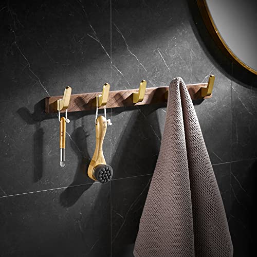 Wall Mounted Coat Rack, Entryway Hanging Coat Rack, Metal Wood Coat Rail with 5 Rustic Hooks Rail for Coat, Scarf, Bag, Towel, Key, Cap, Hat, Walnut Gold Matt - size: 5 Hooks - Curve Shape