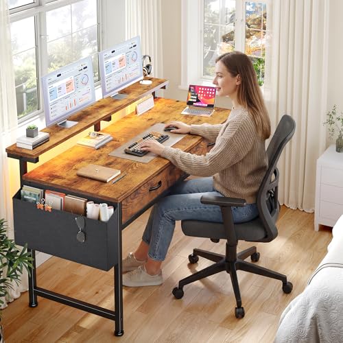 DurayLoly 47.3Inch Office Computer Desk with LED Lights & 2 Fabric Drawers, Gaming Desk with Side Pocket & Ergonomic Monitor Stand, Small Space Study Writing Table with Anti-Tip Design, Rustic Brown - color: Brown, size: 47.3 Inch