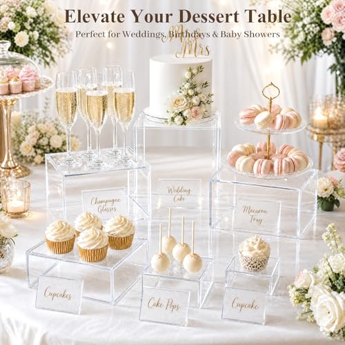 DomeStar 6PCS Clear and White Buffet Risers with Mini Sign, Food Risers Dessert Table Display Set for Buffet Table Party Catering Cupcake Cake Jewelry, Nesting Boxes for Food Display 8" 7" 6" 5" 4" 3" - color: Transparent