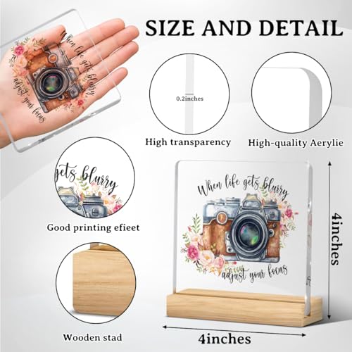 Photographer Gifts, Inspirational Gifts for Photographers Women, Photography Lovers Gift for Women Men, Flower Camera Acrylic Sign Photography Office Bedroom Desk Shelf Table Decor 4x4 Inch - color: When Life Gets Blurry Adjust Your Focus