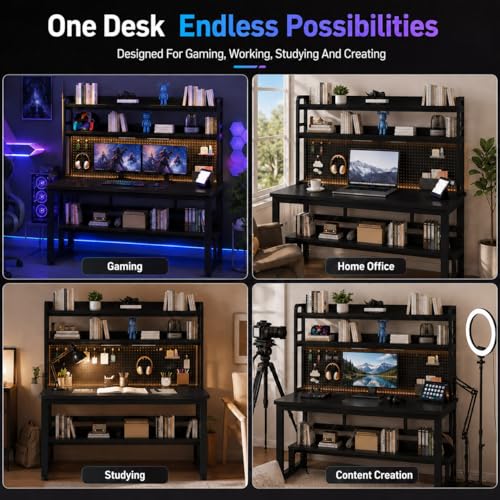 47 Inch Gaming Desk with 1 Power Outlet, 2 USB & LED Lights, Computer Desk with Hutch, Pegboard, Home Office Desk with Shelves for Bedroom, Study (Black,47inch) - color: Black, size: 47inch