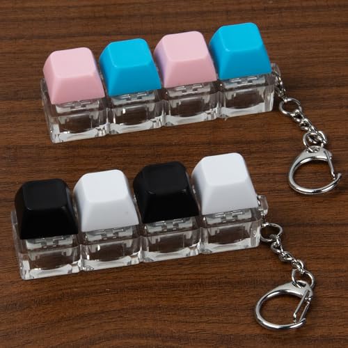 2 Pcs 4 in 1 Keyboard Fidget Toy Keychain, Clicky Button Toy Stress Relief Keychain with Swappable Keycaps, Mini Mechanical Key Fidget for Office Desk Focus Gifts (Blue Pink Black White) - color: Blue Pink Black White