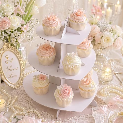 Willinglong 3 Tier Cardboard Cupcake Stand White Heart Cupcake Stands Disposable Cupcakes Tower Dessert Cup Cake Stand Tower Display Decoration for Wedding Anniversary Birthday Party Supplies - color: White, size: Heart