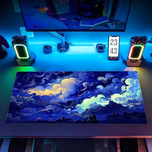 Galaxy Cloud Mouse Pad XXL - Extended Celestial Art Keyboard Desk Mat | Stunning large desk pad featuring a magical glowing cloud sea design. Perfect for cozy gaming and office setups. - color: Dark blue clouds
