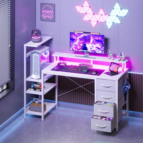 51 Inch Gaming Desk with Power Outlet and LED Lights, Computer Desk with 4 Drawers & Storage Shelves, Reversible Home Office Desk with Monitor Stand for Small Space Bedroom, Carbon Fiber White - color: White, size: 51 inch