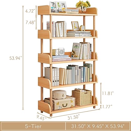 OSCHF 5-Tier Wooden Open Bookcase - Modern Display Bookshelf with Top Edge and Solid Wood Frame for Home and Office, Storage Cabinet, Oak - color: Oak, size: 5-tier