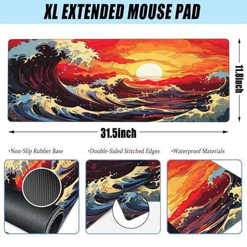 Large Gaming Mouse Pad for Desk,Ocean Waves at Sunset Desk Mat for Desktop,Rough Ocean Waves Desk Pad, Extended Big Computer Keyboard Mouse Pad with Non-Slip Base Stitched Edges 31.5"x11.8" - color: Ocean Waves at Sunset, size: XL-31.5"x11.8"