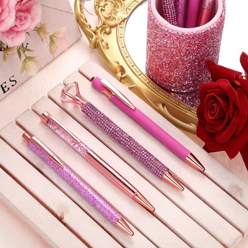 Sabary 8 Pcs Shiny Pink Pens with Pen Holder for Desk Glitter Crystal Diamond Cute Ballpoint Fancy Pencil Holder Bling Desk Organizer for Women Girls School Office Supplies Wedding Graduation Gifts - color: Shiny Pink