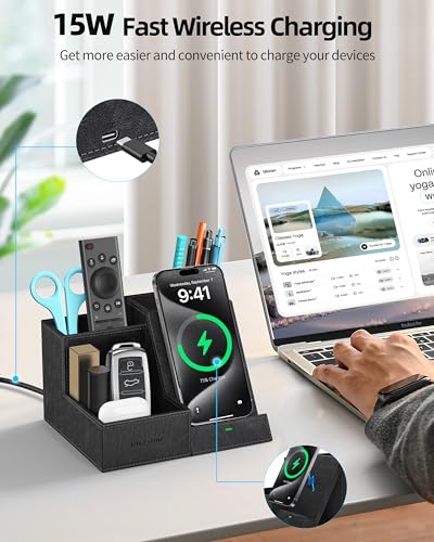 Wireless Charger with Desk Organizer, Pen Pencil Holder, Multifunctional Desktop Organizer, Office Supplies and Desk Accessories Organizer with 3 Compartments and 1 Phone Stand, PU Black - color: PU Black