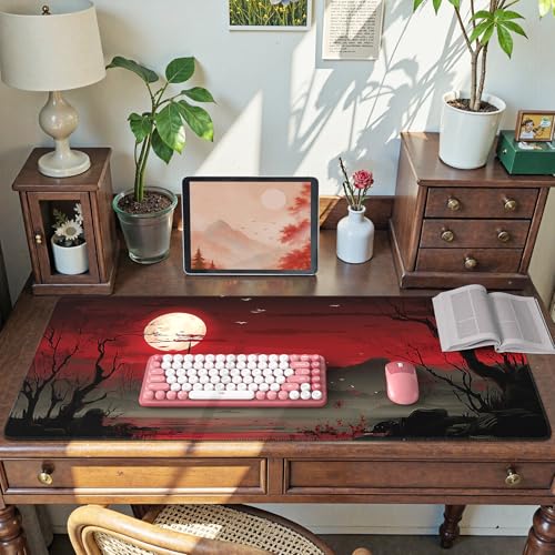 iCasso Desk Protector Mat, Large Japanese Mouse Pad, Stable Rubber Base Mousepad with Stitched Edges, Keyboard Mouse Mat Desk Pad for Work, Game, Office, Home(Full Moon) - color: Full Moon