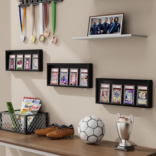 Emfogo Card Display Case, 3 Pack Trading Card Display Frame Wall Mount, Wooden Baseball Card Display Case with Clear View, Graded Sports Card Display for Trading Card Collection (3 Pack-Black) - size: 1-Layer 3 Pack