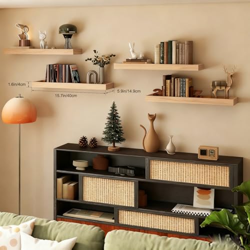 Oak Floating Shelves with Raised Lip, Wooden Wall Shelves for Bedroom Living Room Kitchen, Modern Bathroom Shelves for Wall, Decor Floating Shelves for Storage Display (Set of 2, 15.7 Inch) - color: Oak