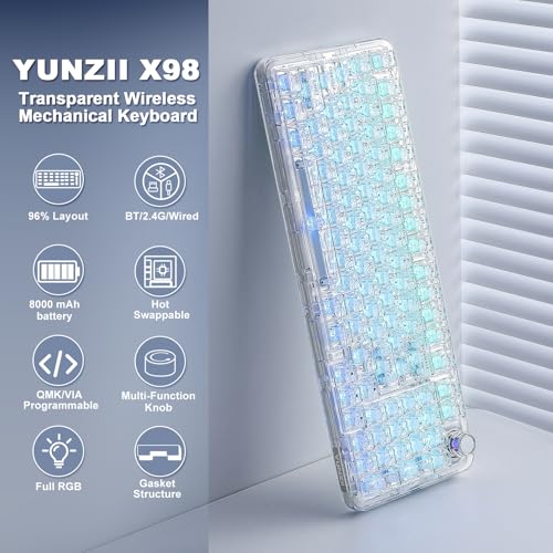 YUNZII X98 QMK/VIA Wireless Mechanical Gaming Keyboard with Knob,Tri-Mode BT5.0/USB-C/2.4GHz Hot Swappable Keyboard,Pre-lubed Switches Gasket Mount RGB Backlit for Wins/Mac (White, Snow Switch) - color: White, size: Snow Switch