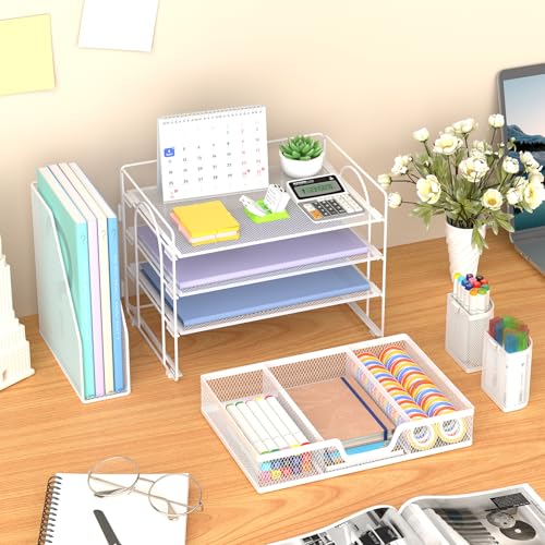 Marbrasse Desk Organizer and Accessories,4-Tier Paper Letter Tray Organizer with File Holder, Desk Accessories with Drawer and 2 Pen Holder (White, 15.4" x 9.1" x 8.3") - color: White