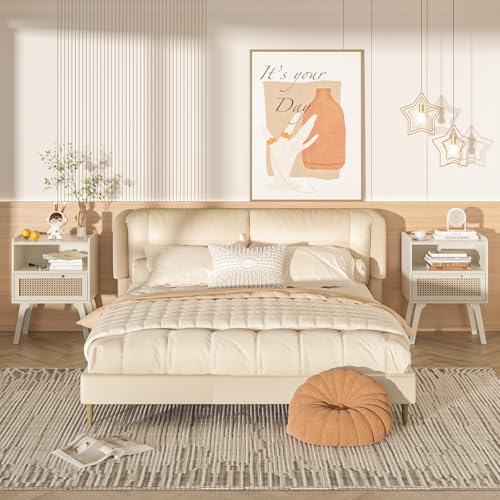 Lerliuo Rattan Nightstands Set of 2, Side Table with Drawer Open Shelf, Cane Accent Bedside End Table, Mid Century Modern Night Stand for Bedroom, Dorm and Small Spaces (Grey White) - color: White Oak, size: 2 pack